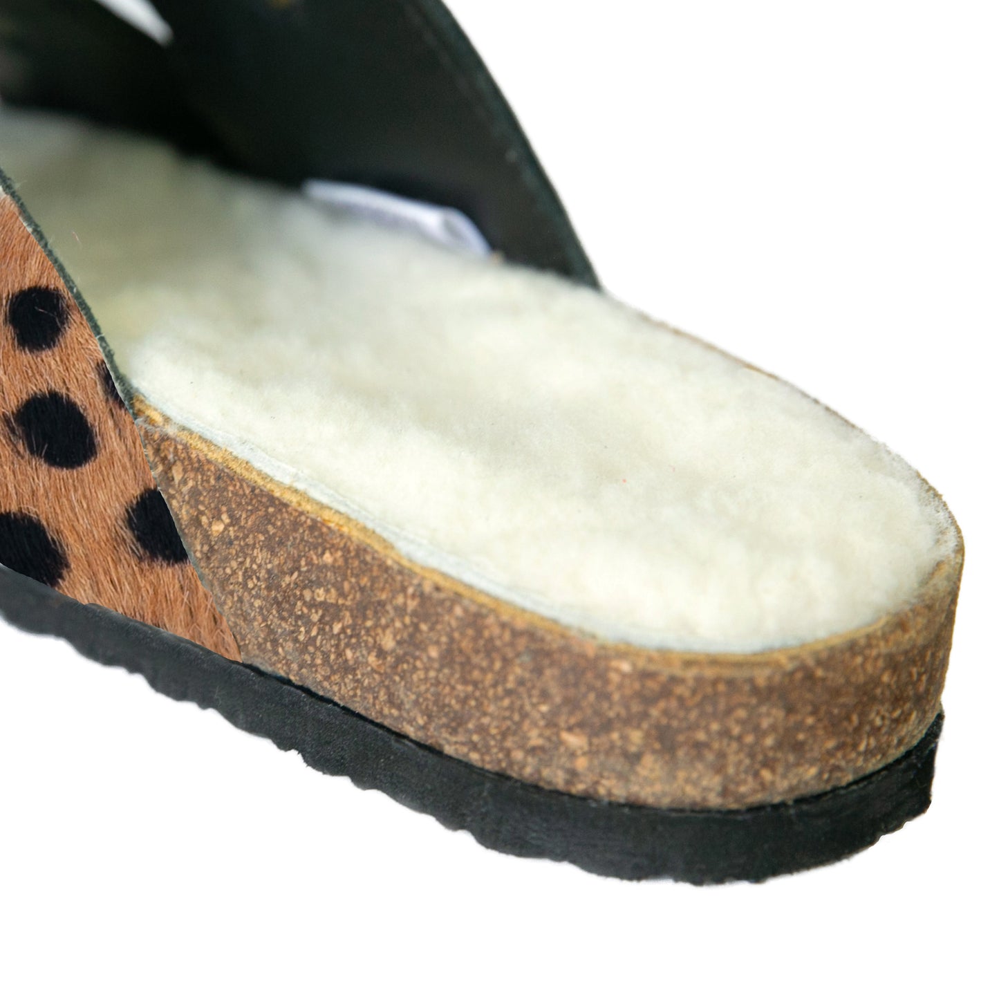 Flockie Sheepskin Slip-On Sandals | Polka Dots On Brown | Sheepskin, Leather, Cork, Buckles | MADE TO ORDER