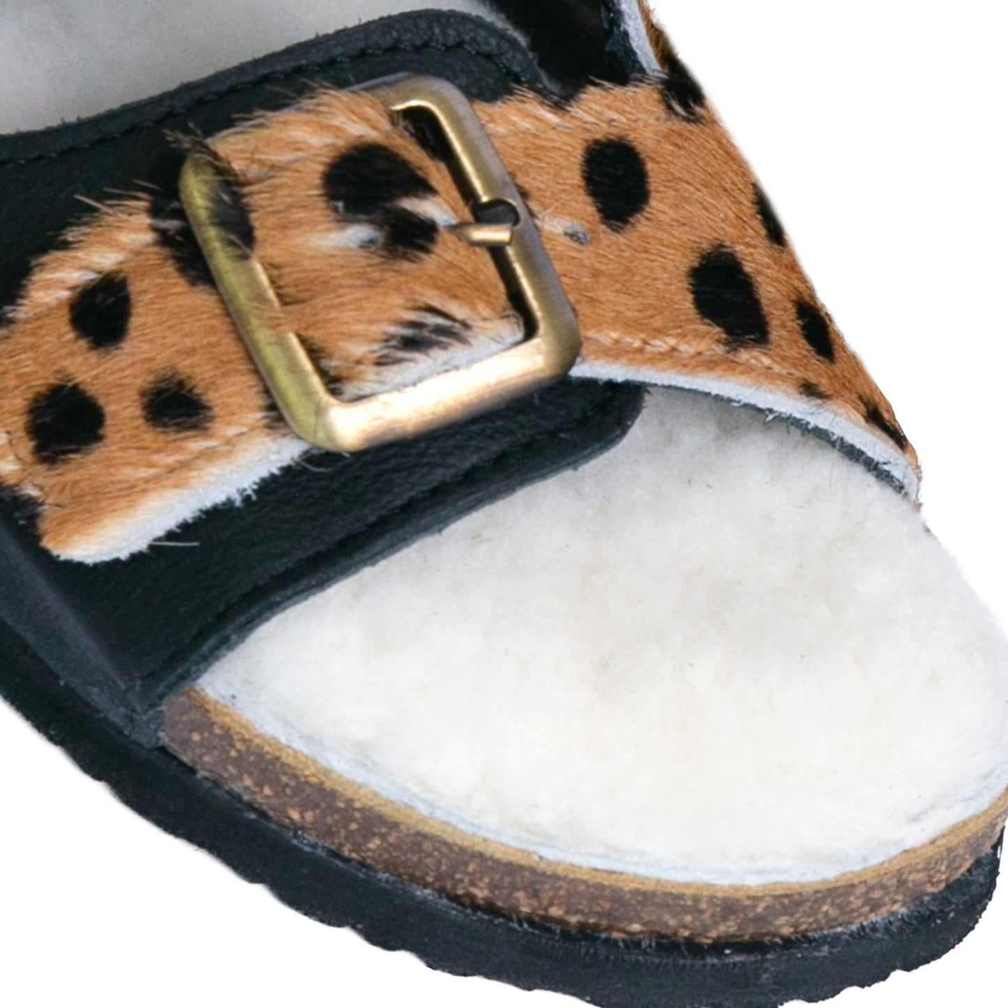 Flockie Sheepskin Slip-On Sandals | Polka Dots On Brown | Sheepskin, Leather, Cork, Buckles | MADE TO ORDER