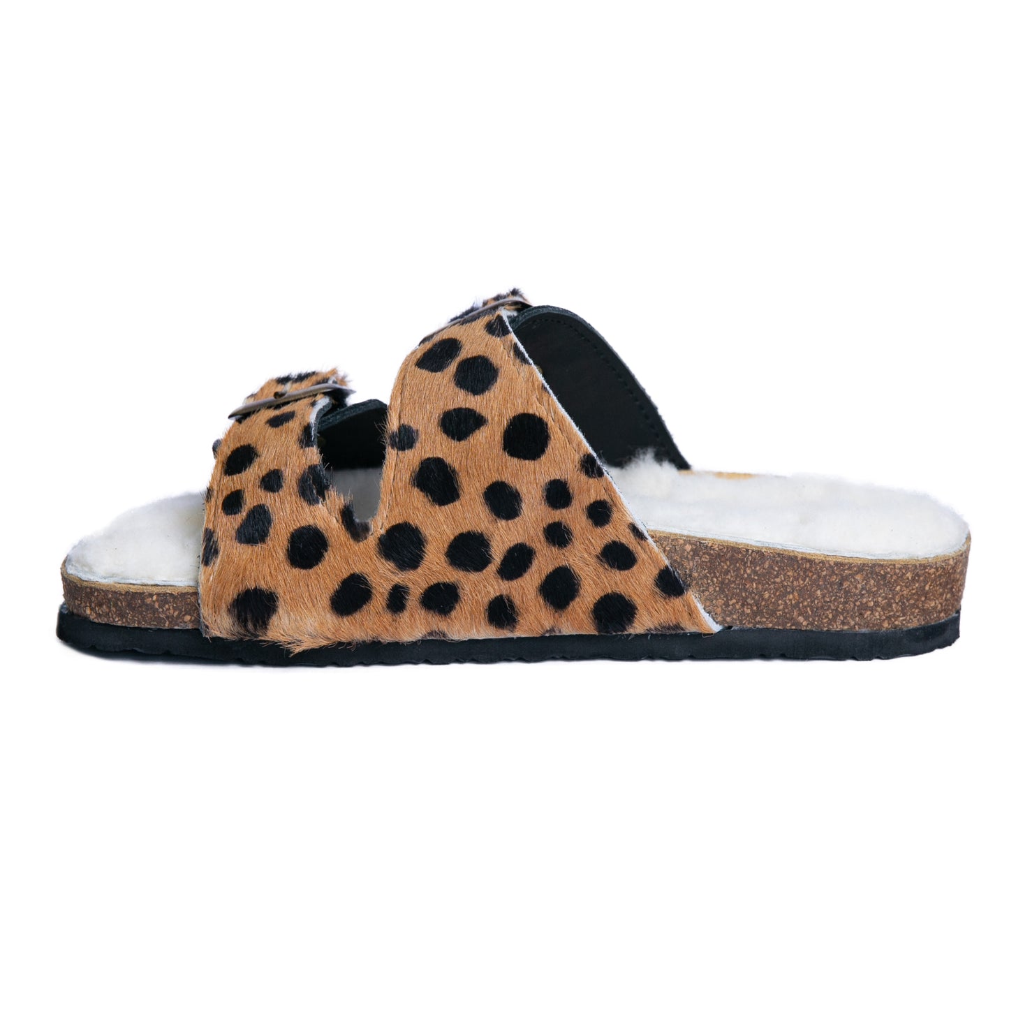 Flockie Sheepskin Slip-On Sandals | Polka Dots On Brown | Sheepskin, Leather, Cork, Buckles | MADE TO ORDER