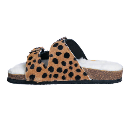 Flockie Sheepskin Slip-On Sandals | Polka Dots On Brown | Sheepskin, Leather, Cork, Buckles | MADE TO ORDER