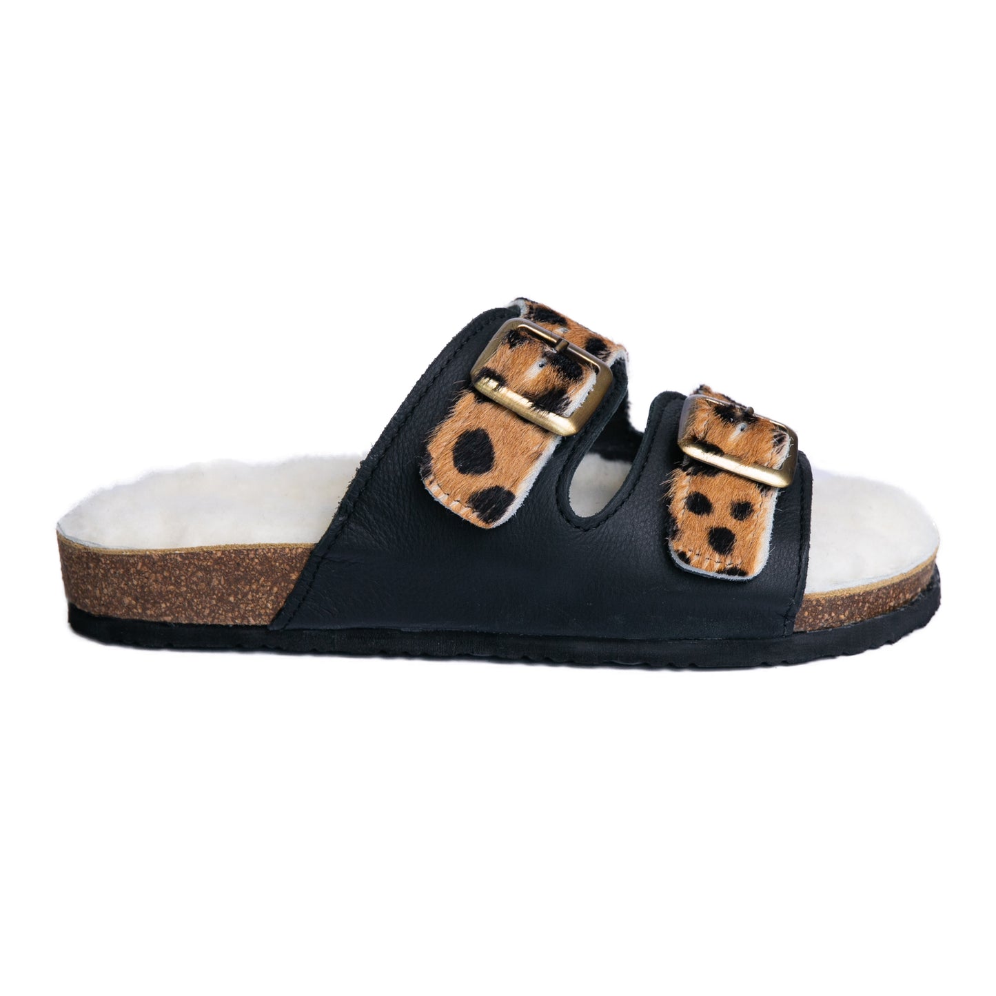 Flockie Sheepskin Slip-On Sandals | Polka Dots On Brown | Sheepskin, Leather, Cork, Buckles | MADE TO ORDER