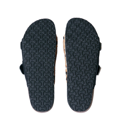 Flockie Sheepskin Slip-On Sandals | Polka Dots On Brown | Sheepskin, Leather, Cork, Buckles | MADE TO ORDER