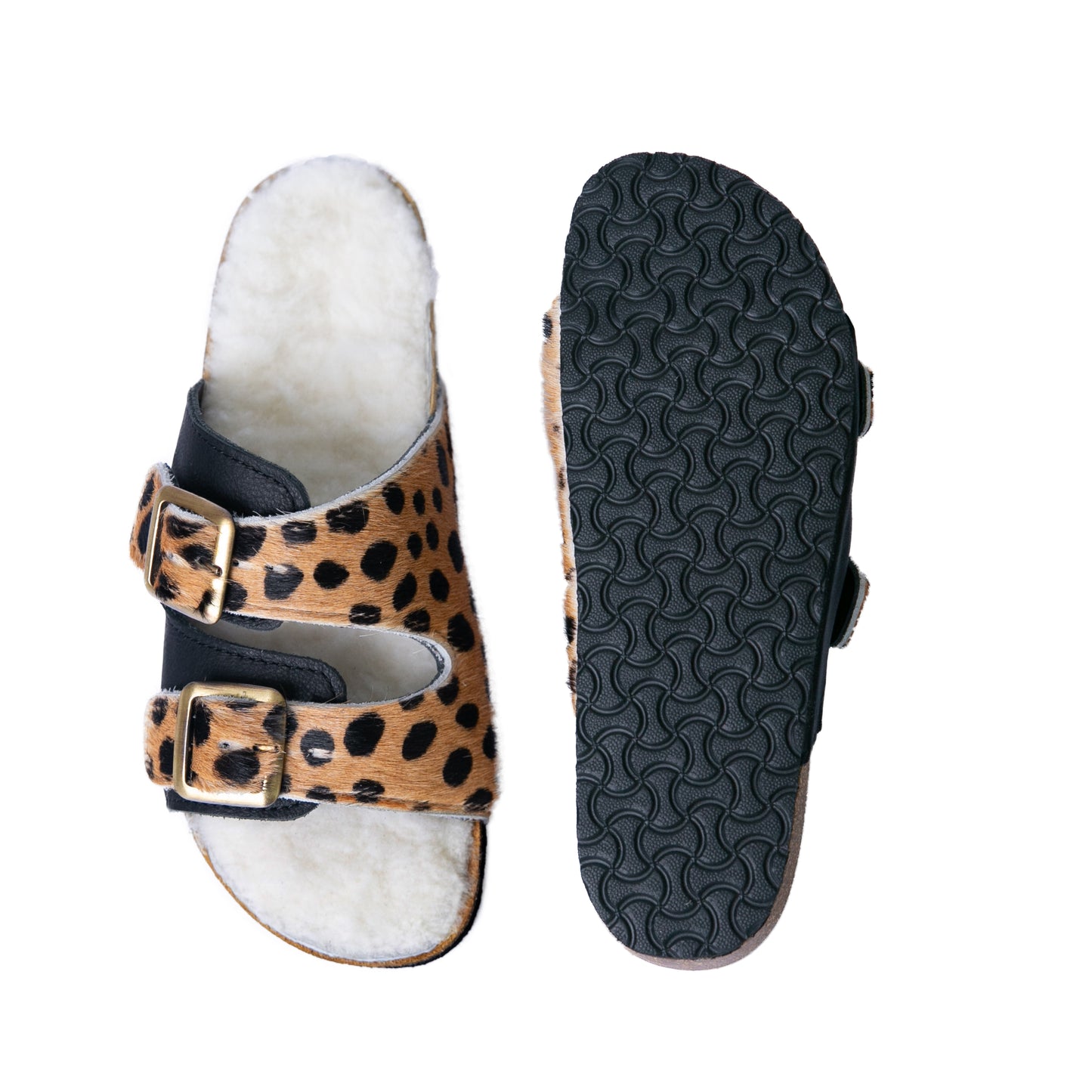 Flockie Sheepskin Slip-On Sandals | Polka Dots On Brown | Sheepskin, Leather, Cork, Buckles | MADE TO ORDER