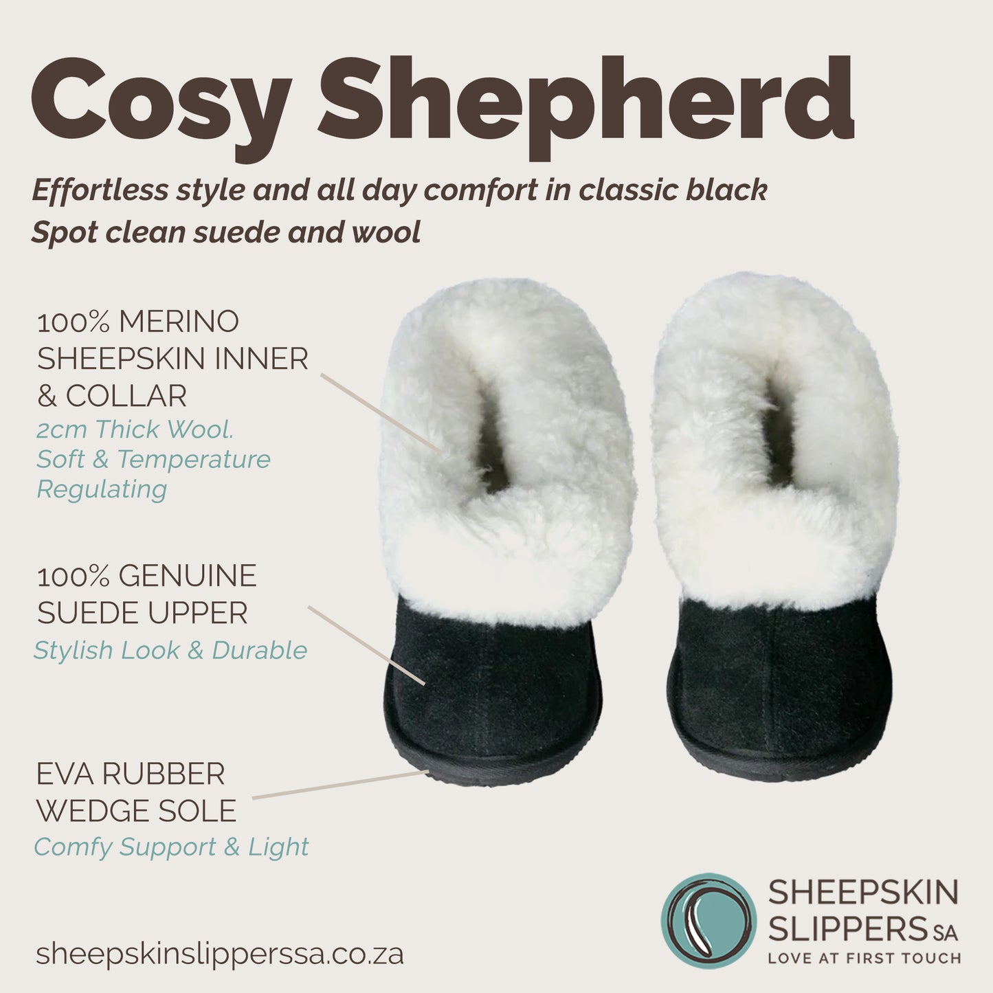 Cosy Shepherd Slippers | Black | Suede & Sheepskin
