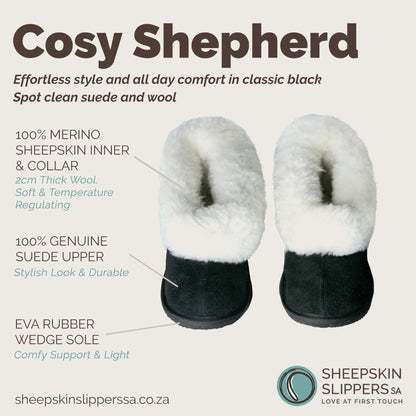 Cosy Shepherd Slippers | Black | Suede & Sheepskin