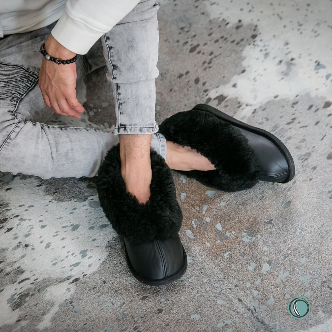 Cosy Shepherd Slippers | Black | Leather & Sheepskin