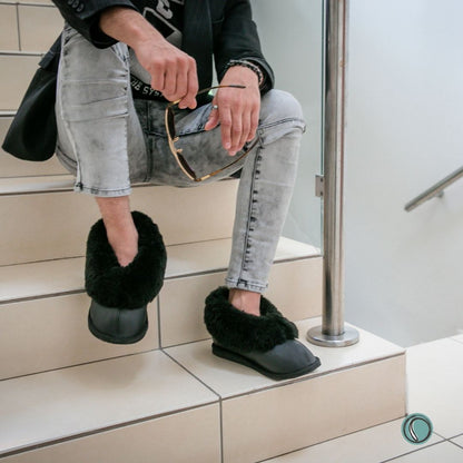 Cosy Shepherd Slippers | Black | Leather & Sheepskin