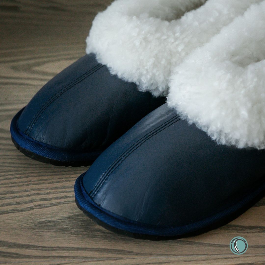 Cosy Shepherd Slippers | Navy Blue | Leather & Sheepskin