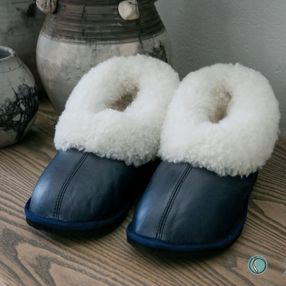 Cosy Shepherd Slippers | Navy Blue | Leather & Sheepskin