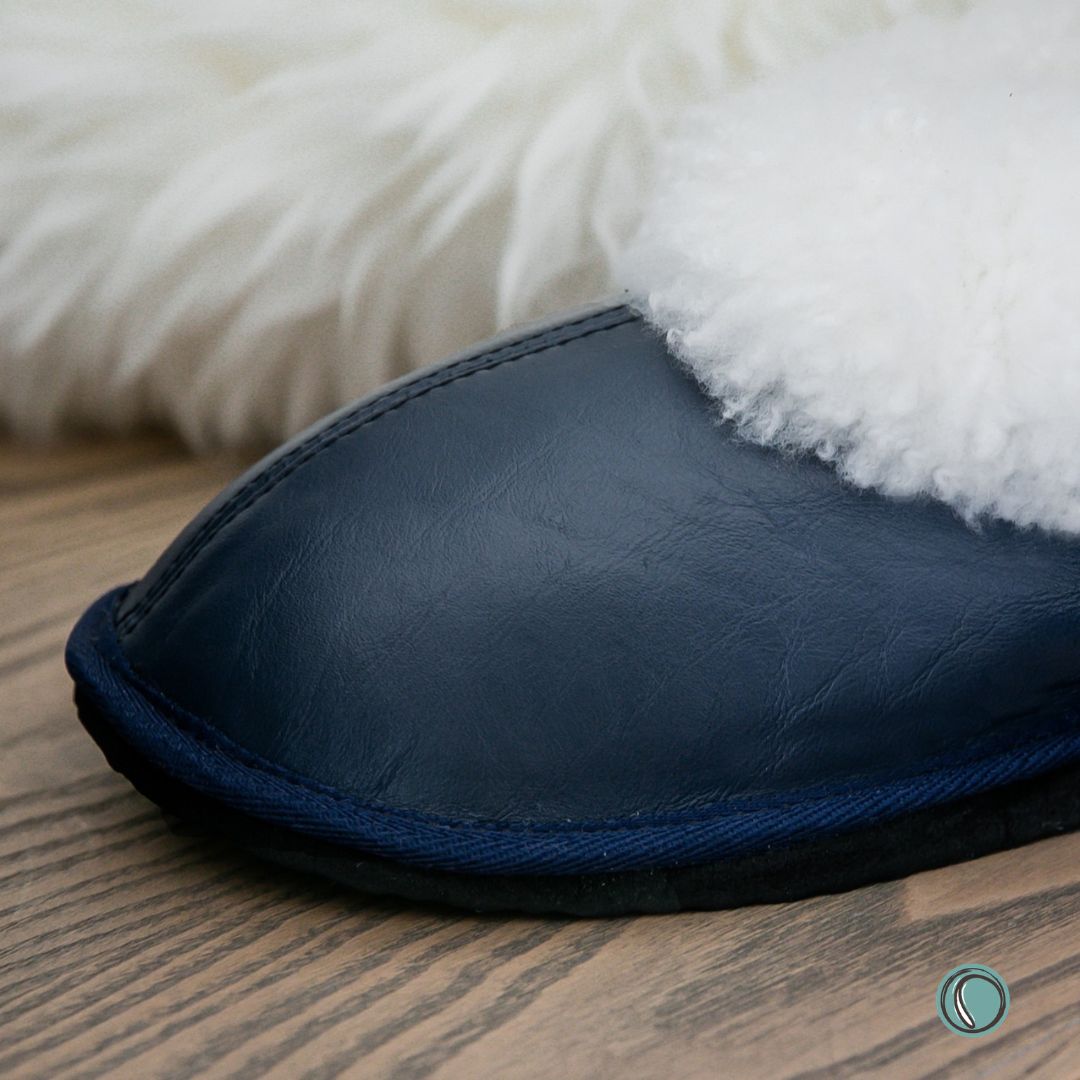 Cosy Shepherd Slippers | Navy Blue | Leather & Sheepskin