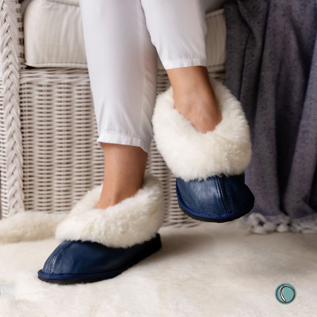 Cosy Shepherd Slippers | Navy Blue | Leather & Sheepskin