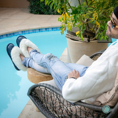 Cosy Shepherd Slippers | Navy Blue | Leather & Sheepskin