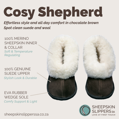 Cosy Shepherd Slippers | Chocolate | Suede & Sheepskin