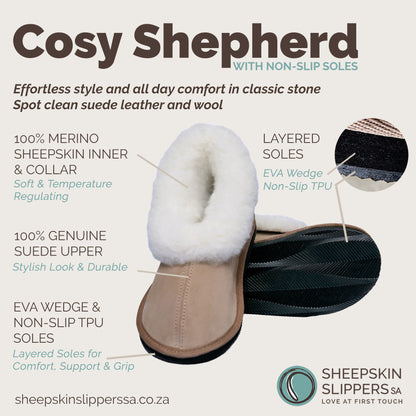 Cosy Shepherd Slippers | Non-Slip TPU Sole | Stone | Suede & Sheepskin