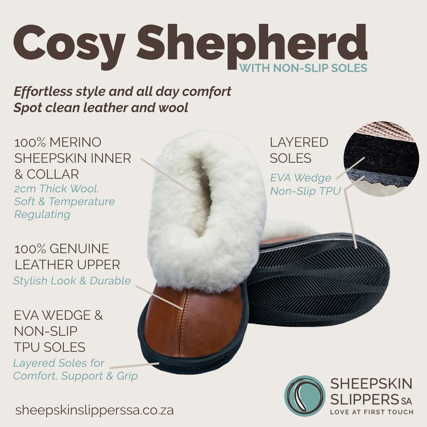 Sale | Size 6 | Cosy Shepherd Slippers | Non-Slip TPU Sole | Gingerbread | Sheepskin & Leather