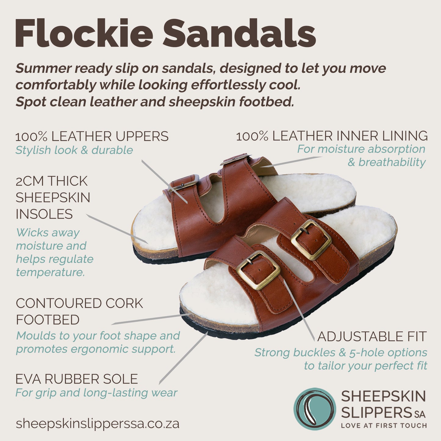Sale | Size 6, 8, 9 | Flockie Sheepskin Cork Sandals | Slip-On | Gingerbread Leather