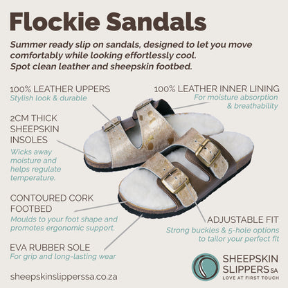 Sale | Size 6 | Flockie Sheepskin Cork Sandals | Slip-On |Metallic Gold Leather