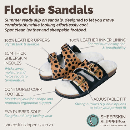 Flockie Sheepskin Sandals | Slip-On | Polka Dots On Brown | Sheepskin, Leather, Cork, Buckles | MADE TO ORDER