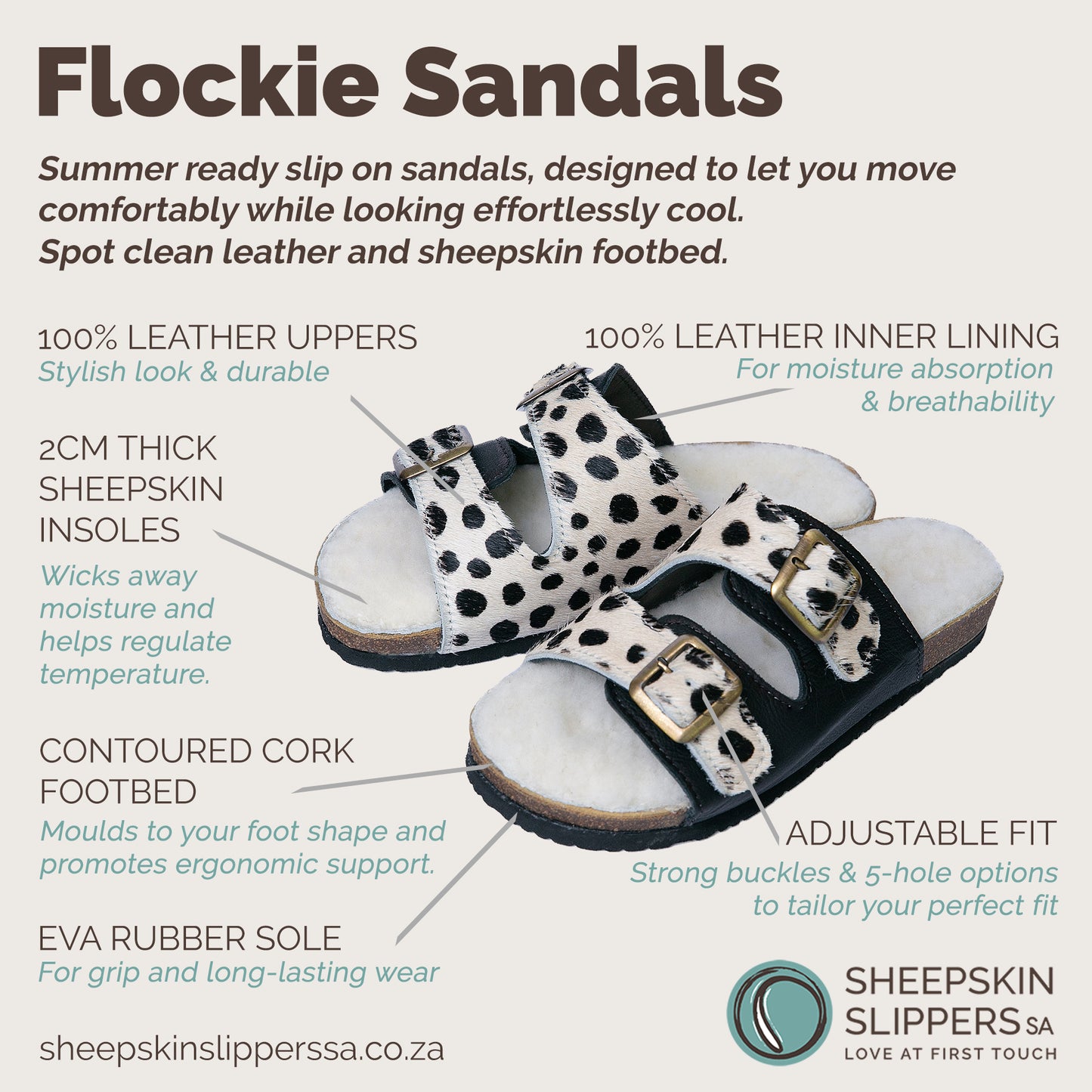 Sale | Size 6 | Flockie Sheepskin Cork Sandals | Slip-On | Polka Dots On White Leather