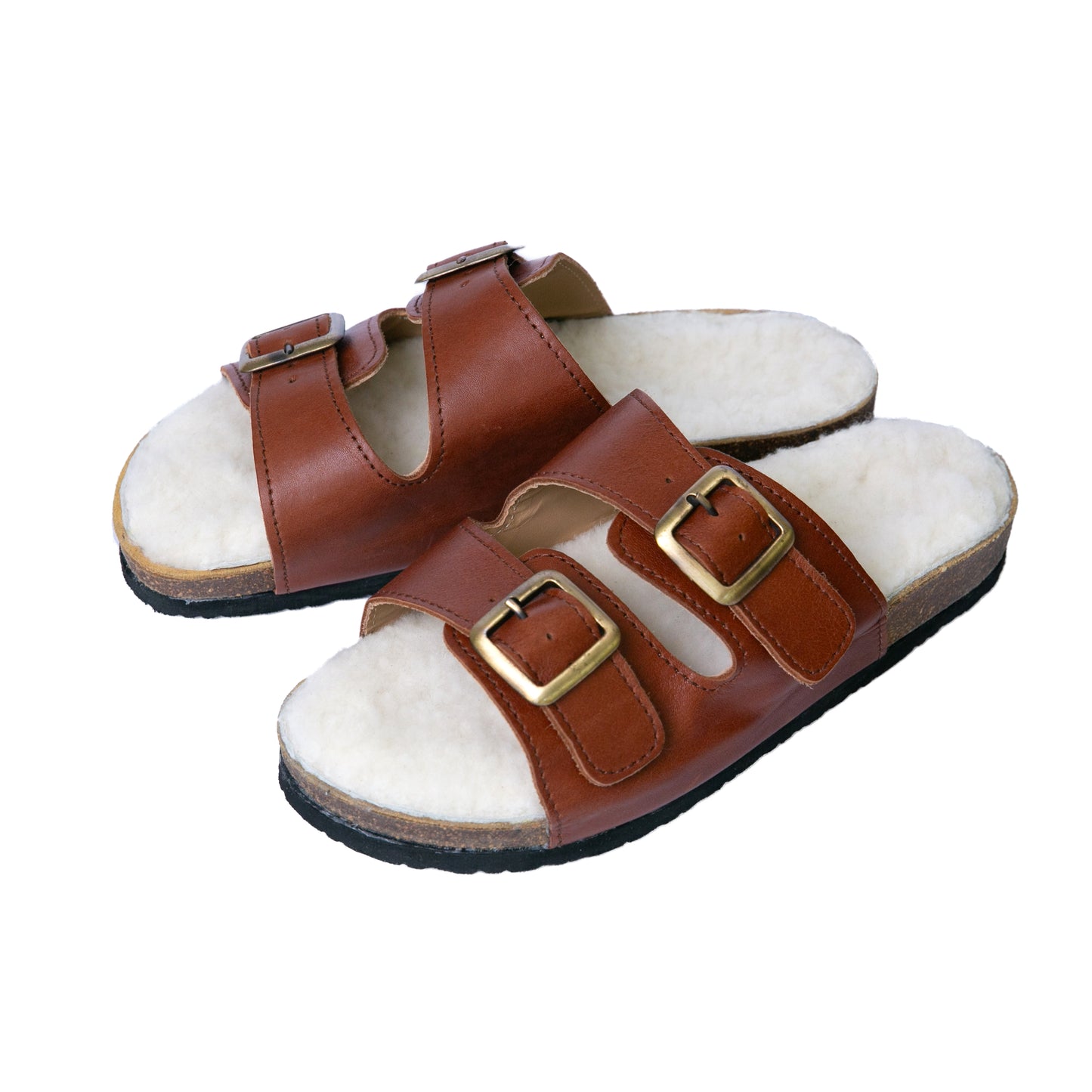 Flockie Sheepskin Slip-On Sandals | Gingerbread | Sheepskin, Leather, Cork, Buckles | MADE TO ORDER