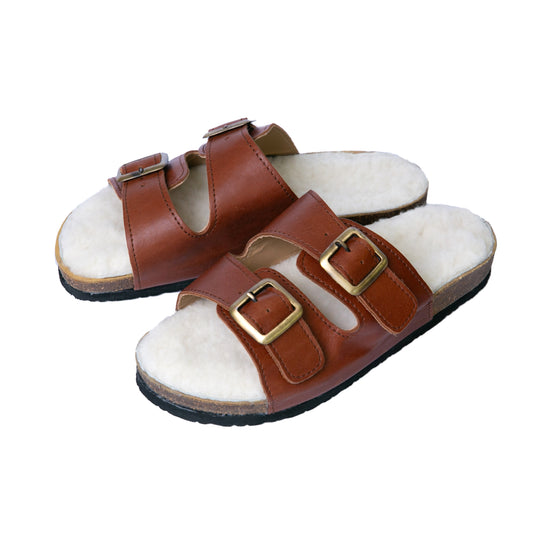 Flockie Sheepskin Slip-On Sandals | Gingerbread | Sheepskin, Leather, Cork, Buckles | MADE TO ORDER