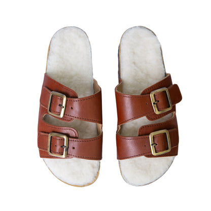 Flockie Sheepskin Slip-On Sandals | Gingerbread | Sheepskin, Leather, Cork, Buckles | MADE TO ORDER