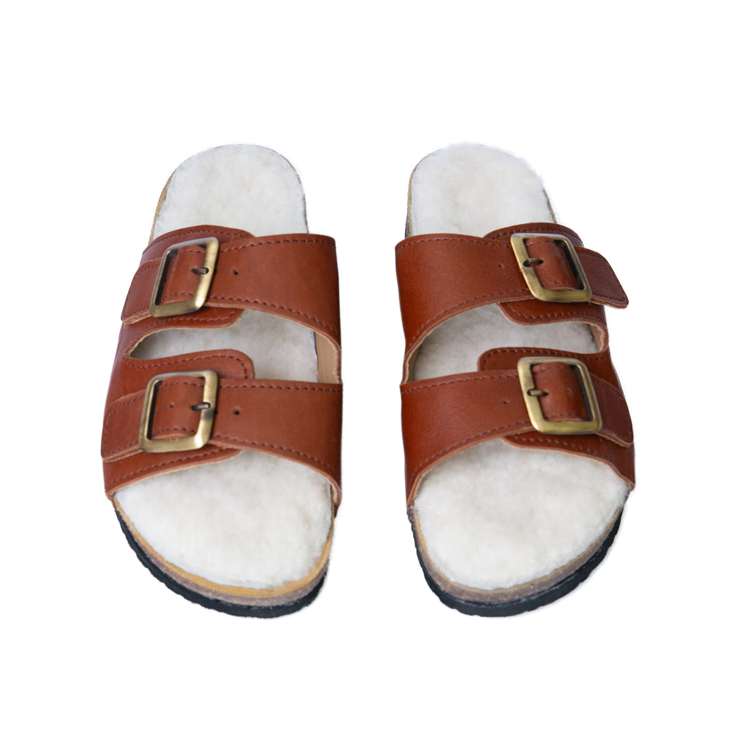 Flockie Sheepskin Slip-On Sandals | Gingerbread | Sheepskin, Leather, Cork, Buckles | MADE TO ORDER