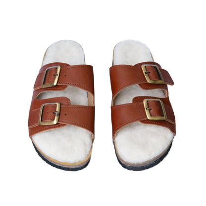 Flockie Sheepskin Slip-On Sandals | Gingerbread | Sheepskin, Leather, Cork, Buckles | MADE TO ORDER