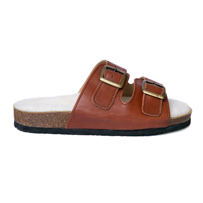 Flockie Sheepskin Slip-On Sandals | Gingerbread | Sheepskin, Leather, Cork, Buckles | MADE TO ORDER