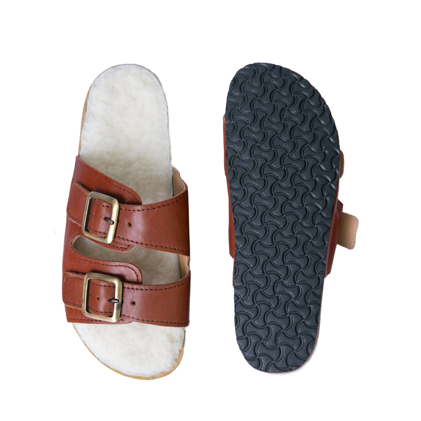 Flockie Sheepskin Slip-On Sandals | Gingerbread | Sheepskin, Leather, Cork, Buckles | MADE TO ORDER