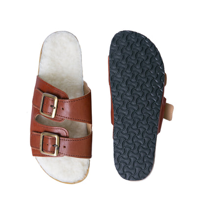 Flockie Sheepskin Slip-On Sandals | Gingerbread | Sheepskin, Leather, Cork, Buckles | MADE TO ORDER