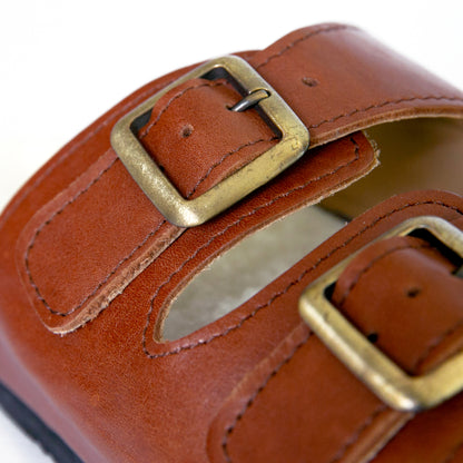 Flockie Sheepskin Slip-On Sandals | Gingerbread | Sheepskin, Leather, Cork, Buckles | MADE TO ORDER