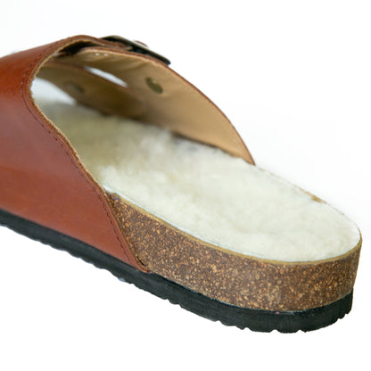 Flockie Sheepskin Slip-On Sandals | Gingerbread | Sheepskin, Leather, Cork, Buckles | MADE TO ORDER