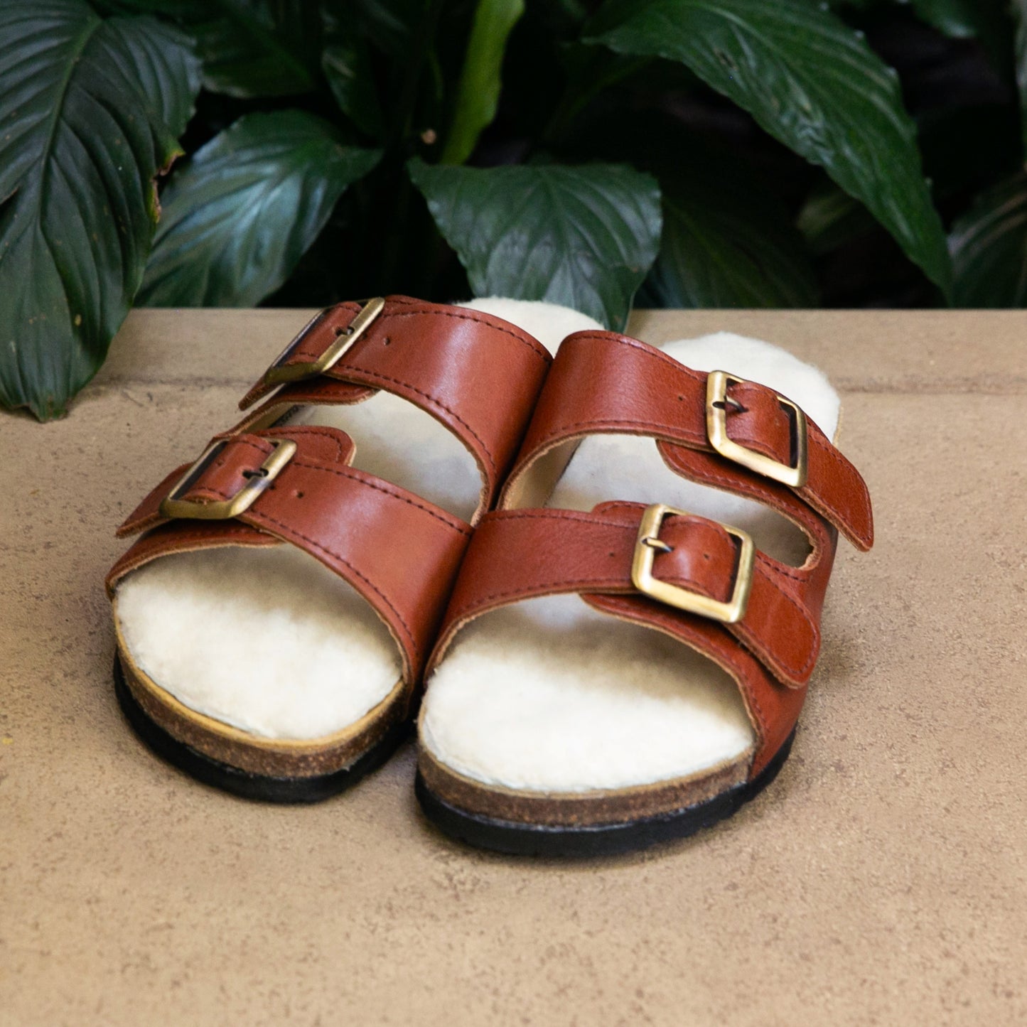 Flockie Sheepskin Slip-On Sandals | Gingerbread | Sheepskin, Leather, Cork, Buckles | MADE TO ORDER