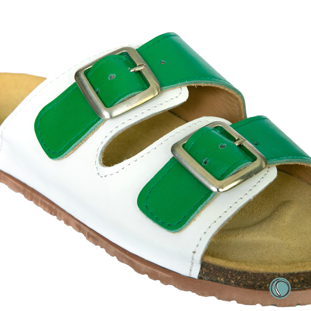 Kenton Sandals | Green & White | Slip-On | Leather, Cork, Buckles | Adjustable Straps | MADE TO ORDER
