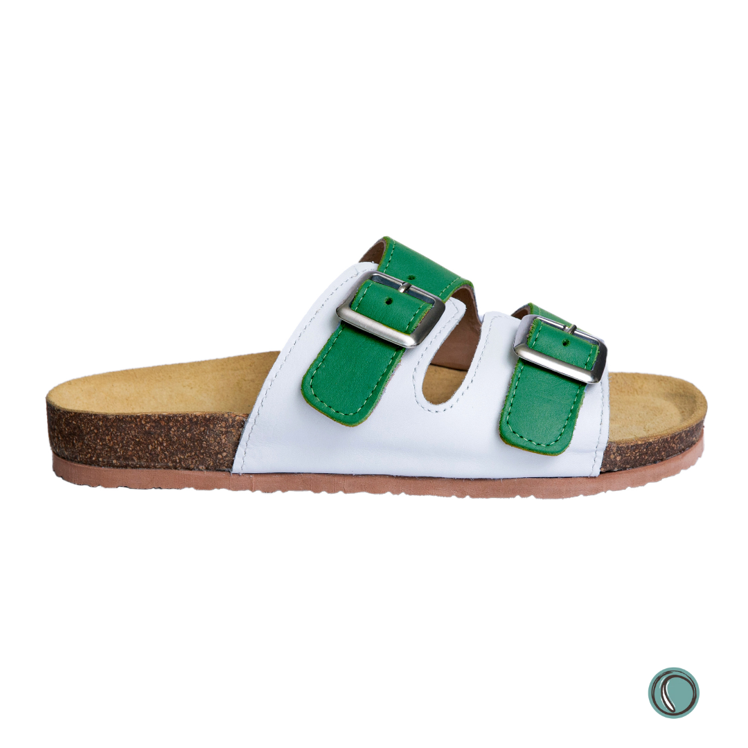 Kenton Sandals | Green & White | Slip-On | Leather, Cork, Buckles | Adjustable Straps | MADE TO ORDER