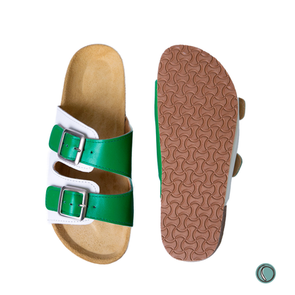 Kenton Sandals | Green & White | Slip-On | Leather, Cork, Buckles | Adjustable Straps | MADE TO ORDER