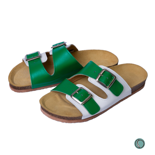Kenton Sandals | Green & White | Slip-On | Leather, Cork, Buckles | Adjustable Straps | MADE TO ORDER