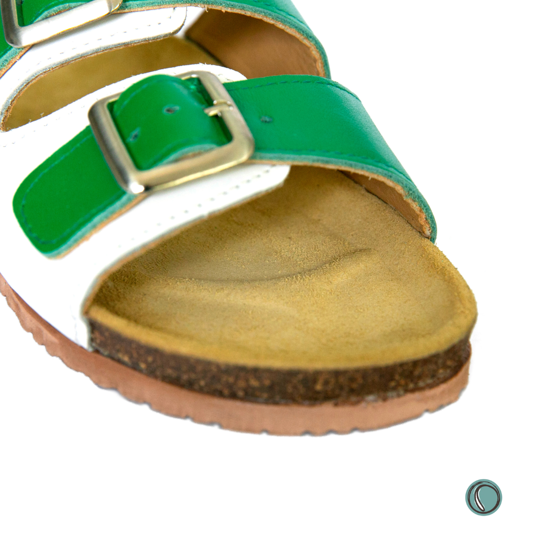 Kenton Sandals | Green & White | Slip-On | Leather, Cork, Buckles | Adjustable Straps | MADE TO ORDER