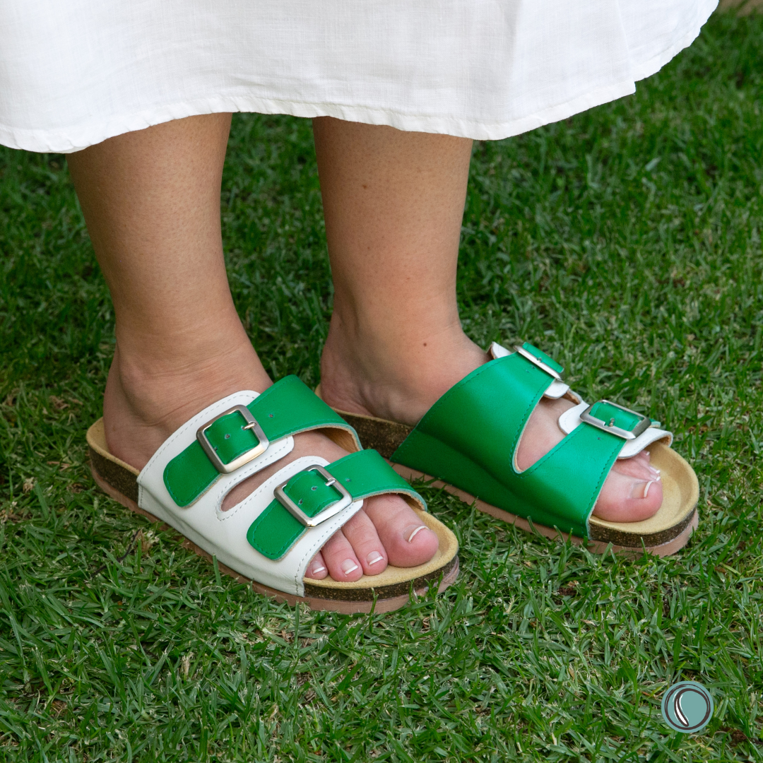 Kenton Sandals | Green & White | Slip-On | Leather, Cork, Buckles | Adjustable Straps | MADE TO ORDER