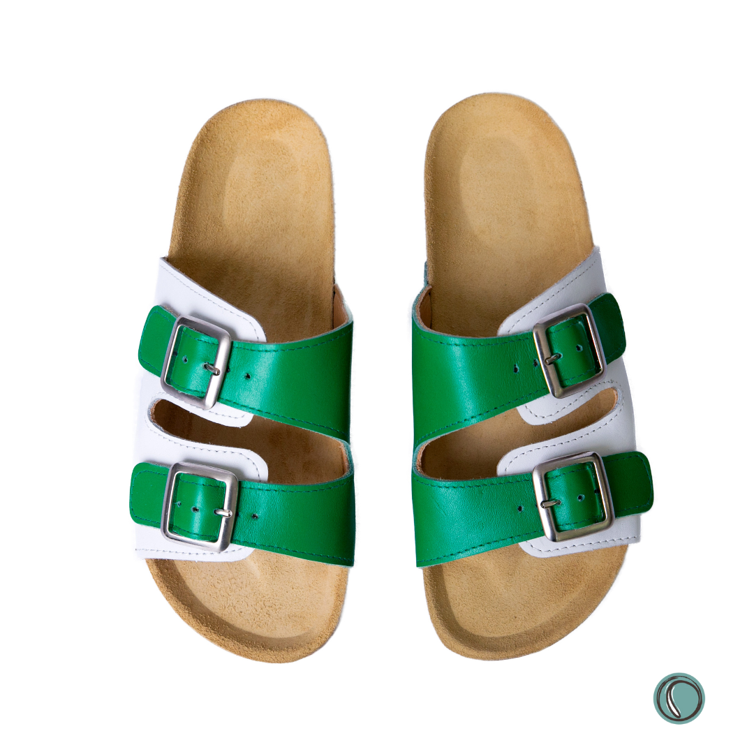 Kenton Sandals | Green & White | Slip-On | Leather, Cork, Buckles | Adjustable Straps | MADE TO ORDER