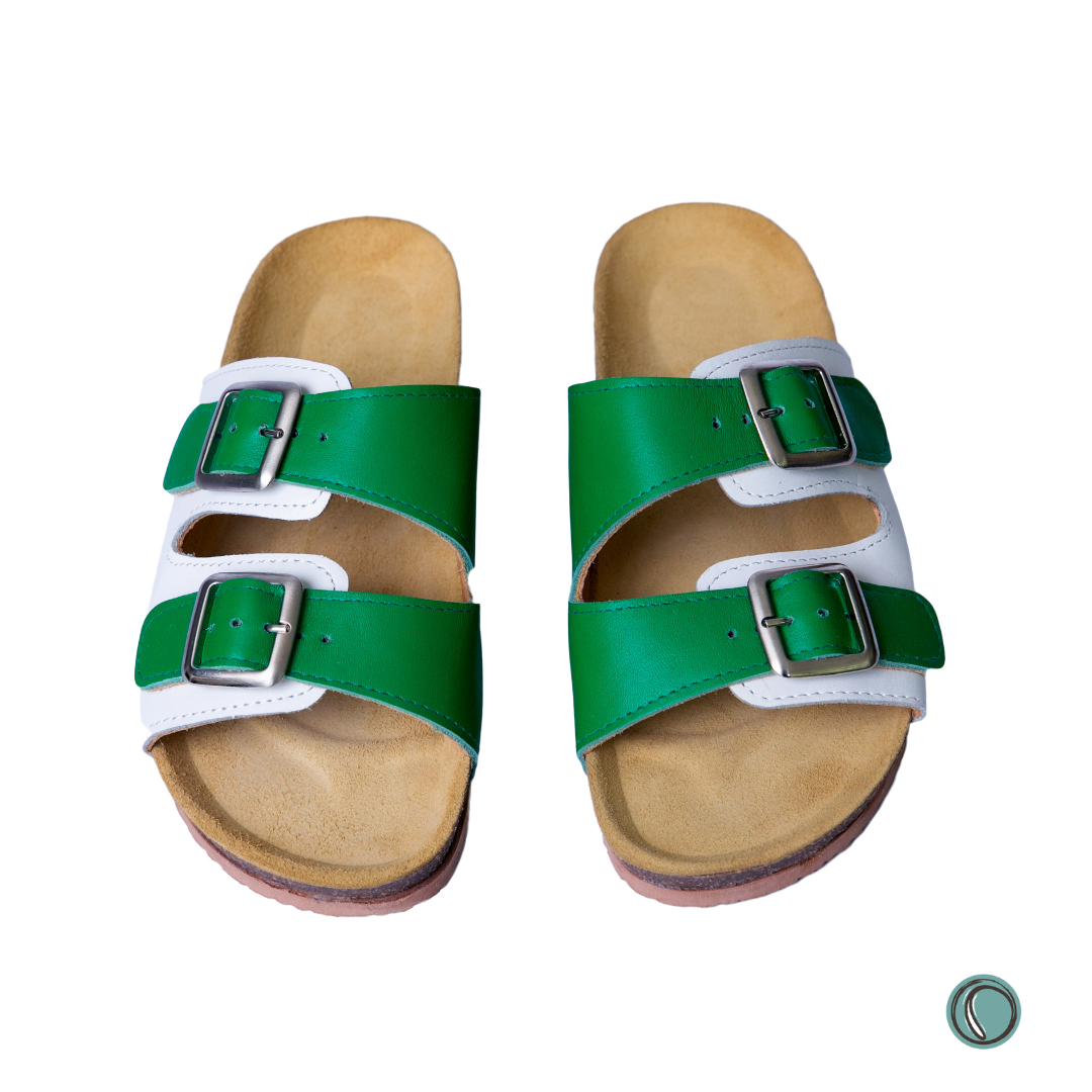 Kenton Sandals | Green & White | Slip-On | Leather, Cork, Buckles | Adjustable Straps | MADE TO ORDER