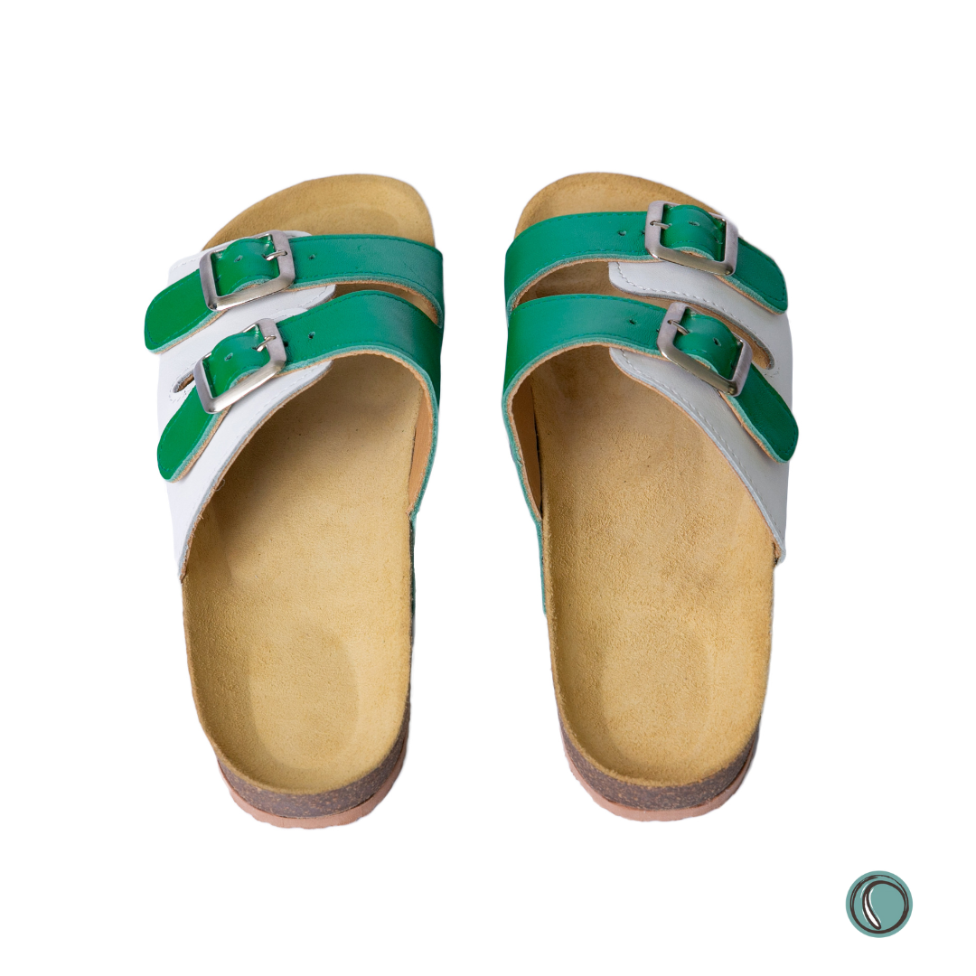 Kenton Sandals | Green & White | Slip-On | Leather, Cork, Buckles | Adjustable Straps | MADE TO ORDER