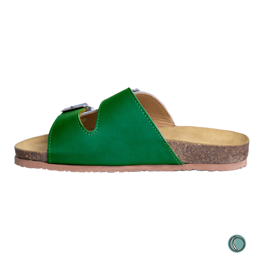 Kenton Sandals | Green & White | Slip-On | Leather, Cork, Buckles | Adjustable Straps | MADE TO ORDER