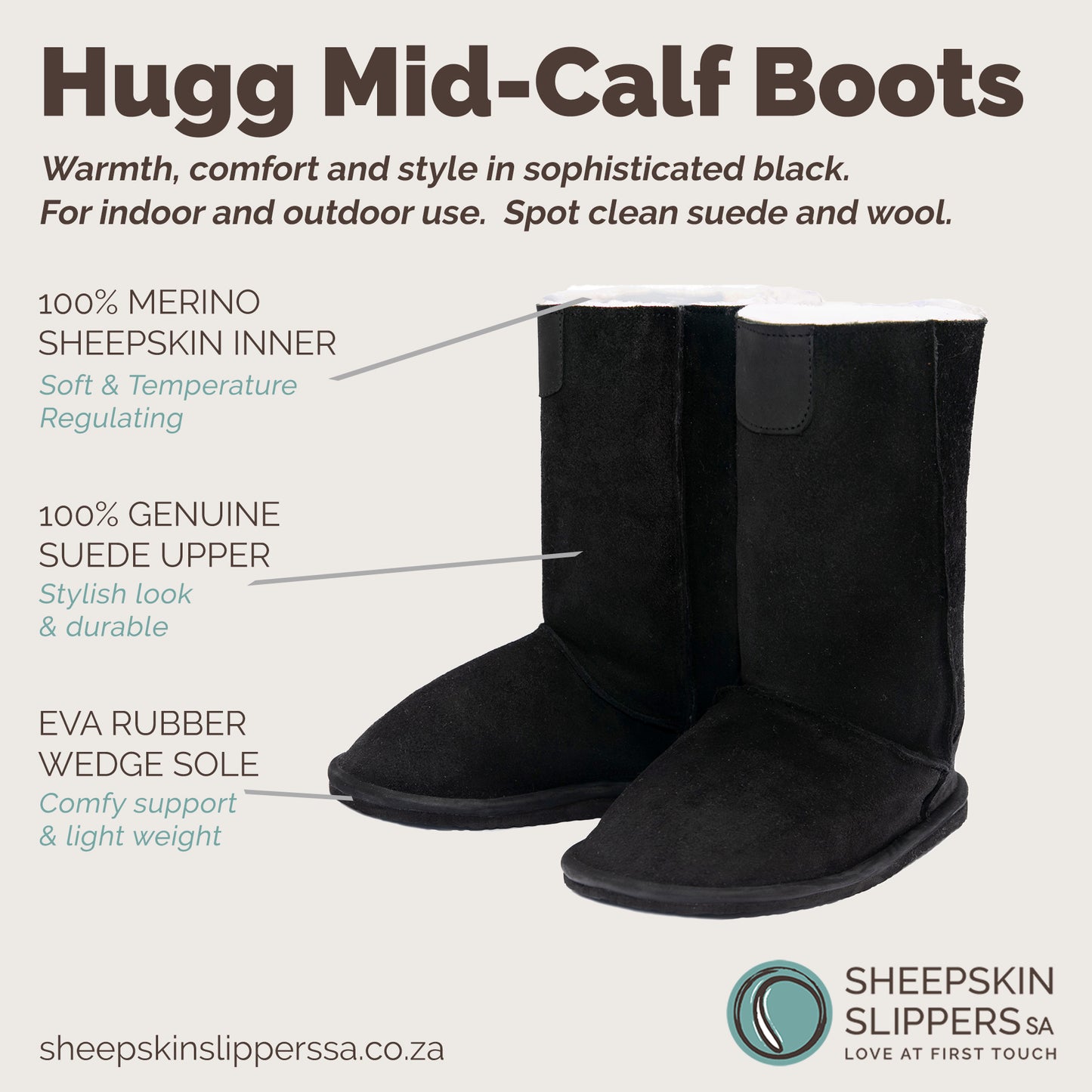 MADE TO ORDER | Hugg Boots | Mid-Calf | Black | Sheepskin & Suede Boots