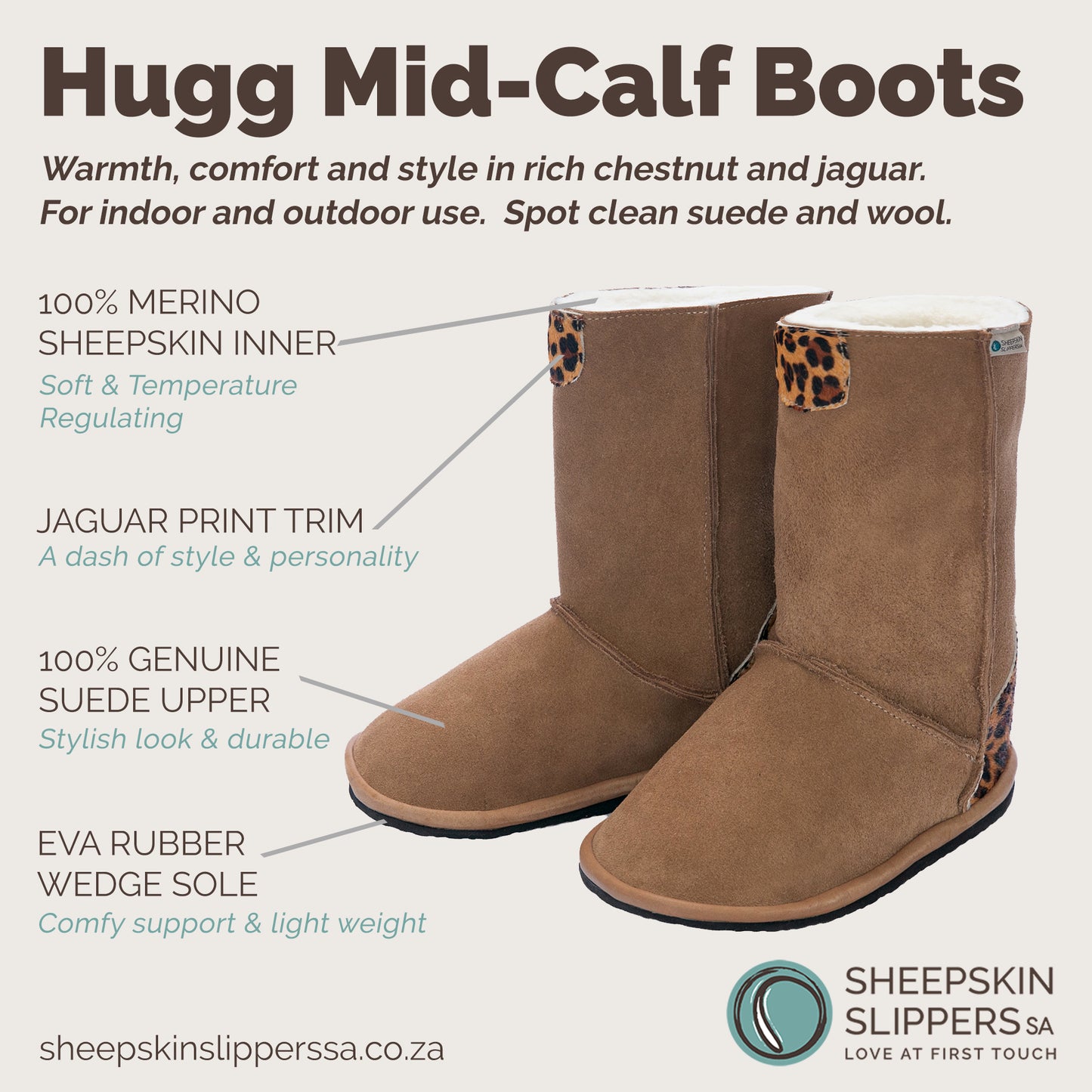 Hugg Boots | Mid-Calf | Chestnut & Jaguar | Sheepskin & Suede Boots | MADE TO ORDER