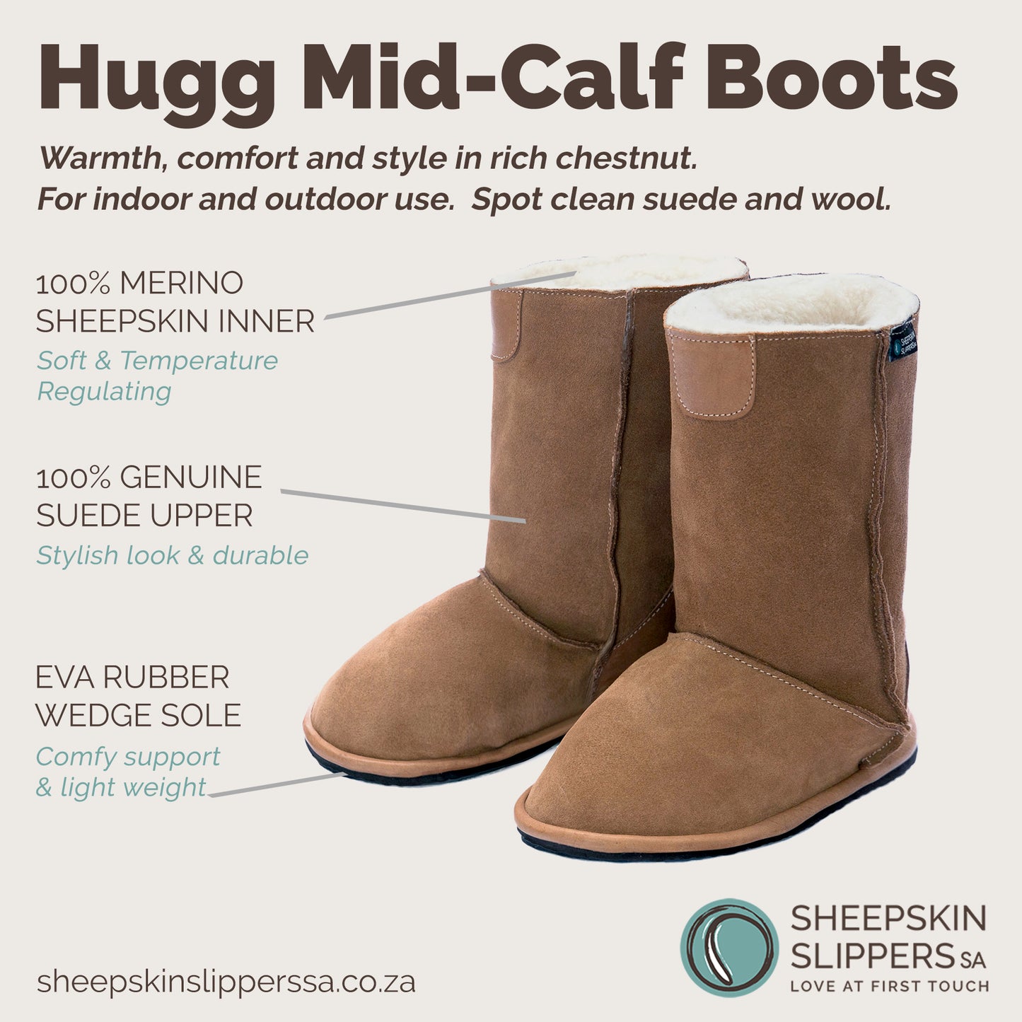 Hugg Boots | Mid-Calf | Chestnut | Sheepskin & Suede Boots | MADE TO ORDER