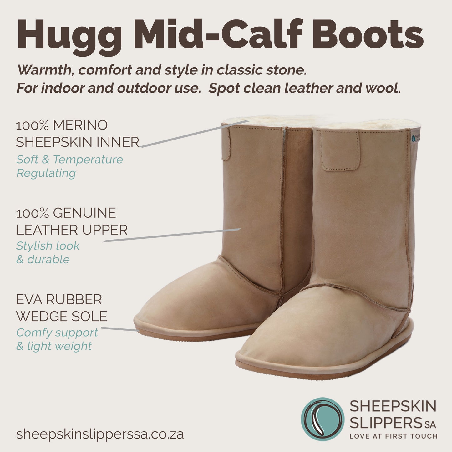 Hugg Boots | Mid-Calf | Stone | Sheepskin & Leather Boots | MADE TO ORDER