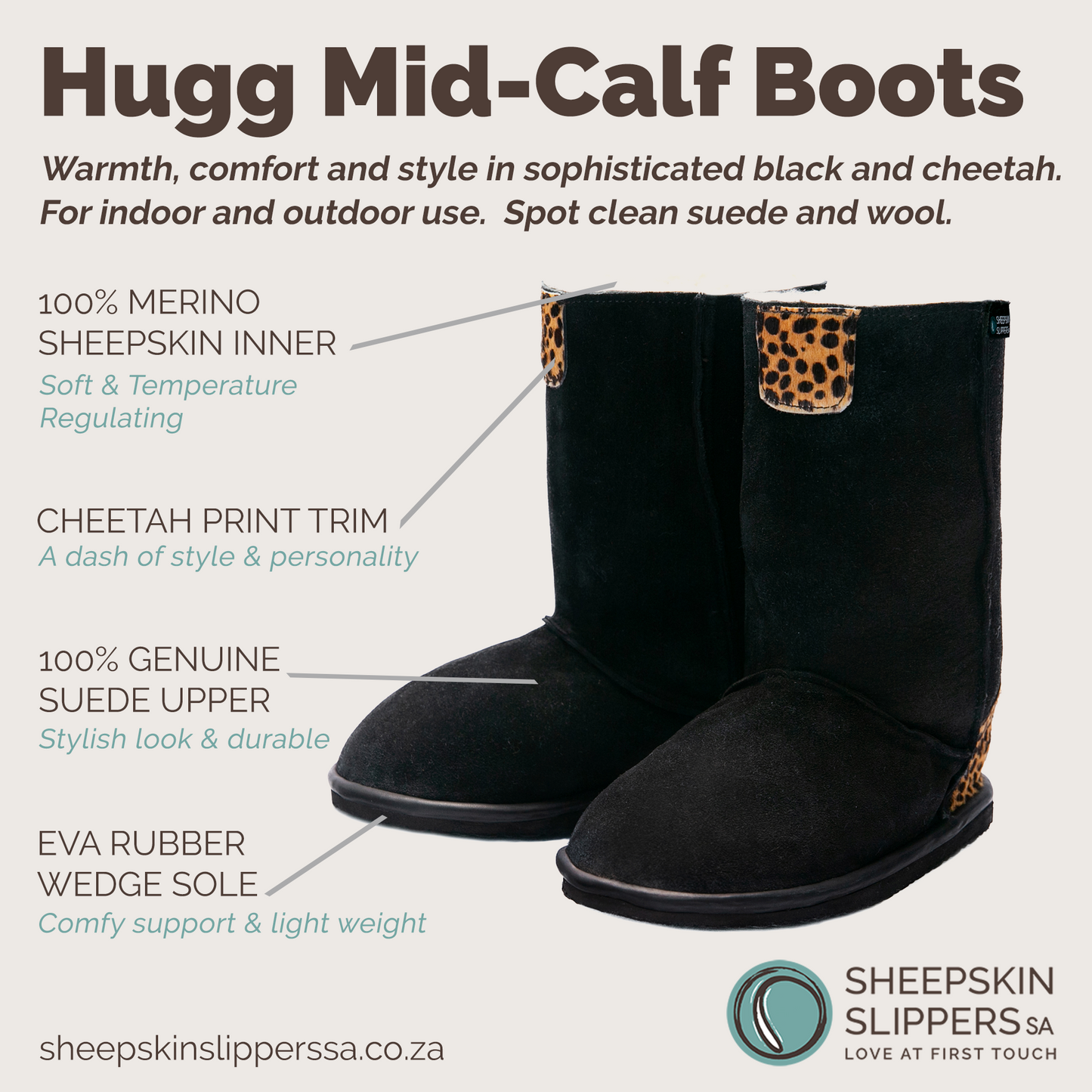 Hugg Boots | Mid-Calf | Black & Cheetah | Sheepskin & Suede Boots | MADE TO ORDER