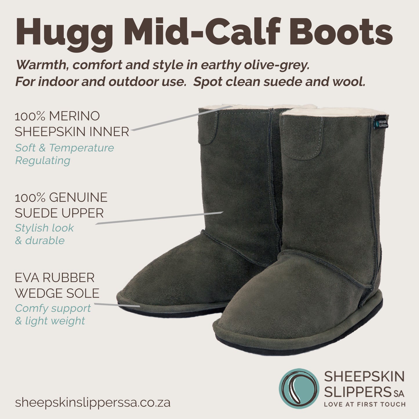 Hugg Boots | Mid-Calf | Olive-Grey | Sheepskin & Suede Boots | MADE TO ORDER